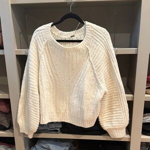 Free People Cream Textured Crew Neck Sweater